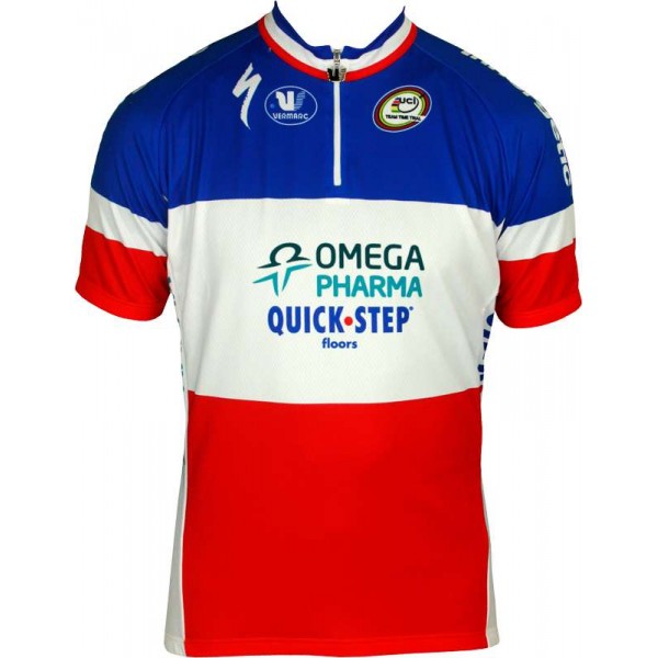 OMEGA PHARMA-QUICKSTEP Französischer Zeitfahrmeister 2013 Radsport-Profi-Team-Kurzarmtrikot mit kurzem Reißverschluss OMEGA PHARMA-QUICKSTEP Französischer Zeitfahrmeister 2013 Radsport-Profi-Team-Kurzarmtrikot mit kurzem Reißverschluss