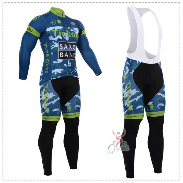 2015 Tinkoff Saxo Bank Camouflage Blau Fahrradbekleidung Radtrikot Satz Langarm und Lange Trägerhose Grün Radtrikot Kaufen