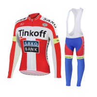 2015 Tinkoff Saxo Bank Rouge Fahrradbekleidung Radtrikot Satz Langarm und Lange Trägerhose Radtrikot Kaufen