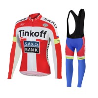 2015 Tinkoff Saxo Bank Rouge Fahrradbekleidung Radtrikot Satz Langarm und Lange Trägerhose Radtrikot Kaufen