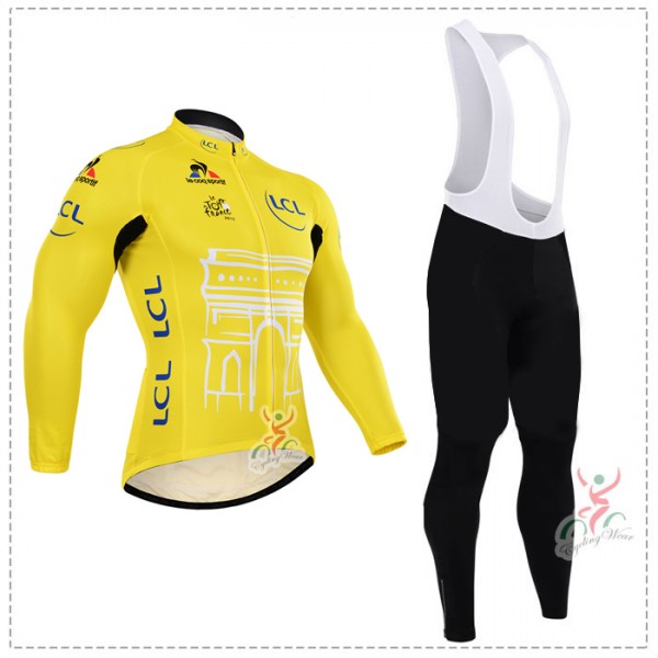 2015 Tour de France jaune Fahrradbekleidung Radtrikot Satz Langarm und Lange Trägerhose Radtrikot Kaufen
