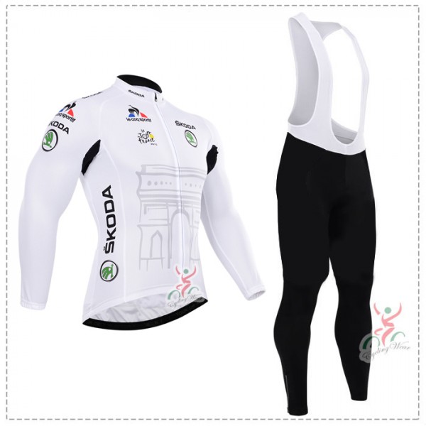 2015 Tour de France Blanc Fahrradbekleidung Radtrikot Satz Langarm und Lange Trägerhose Radtrikot Kaufen