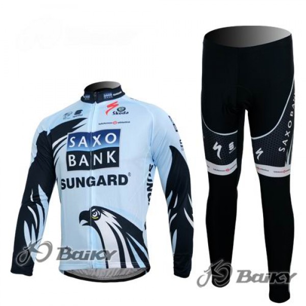 Saxo Bank Sungard Pro Team Radbekleidung Satz Fahrradtrikot Langarm und Lang Radhose Weiß Schwarz Radtrikot Kaufen