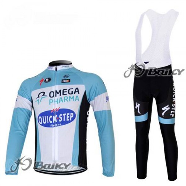 Omega Pharma Quick Step Pro Team Fahrradbekleidung Radtrikot Satz Langarm und Lange Trägerhose Blau Weiß Radtrikot Kaufen